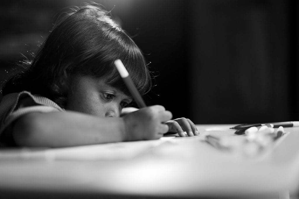 child, kid, study, write, whiteboard marker, alone, black and white