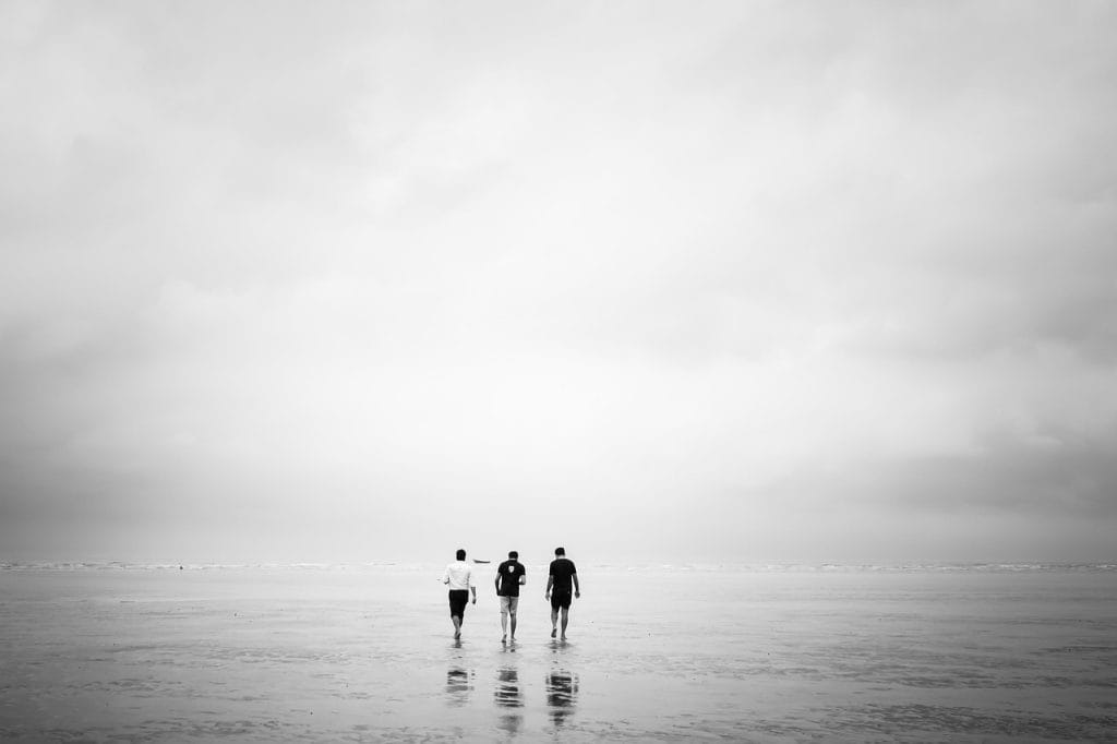 people, nature, sea, beach, ocean, seashore, silhouette, friends, travel, figure, monochrome, black and white